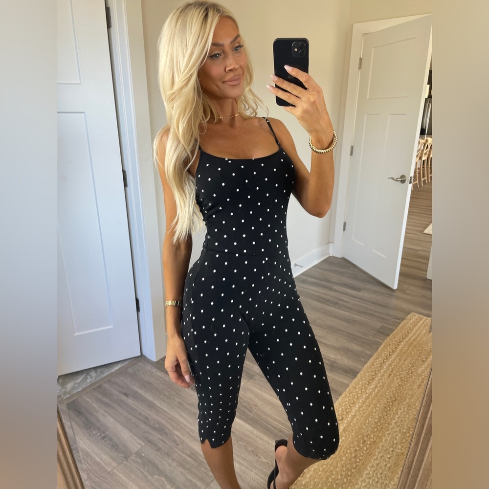 Black Polka Dot Slim Jumpsuit - Spaghetti Strap Capri